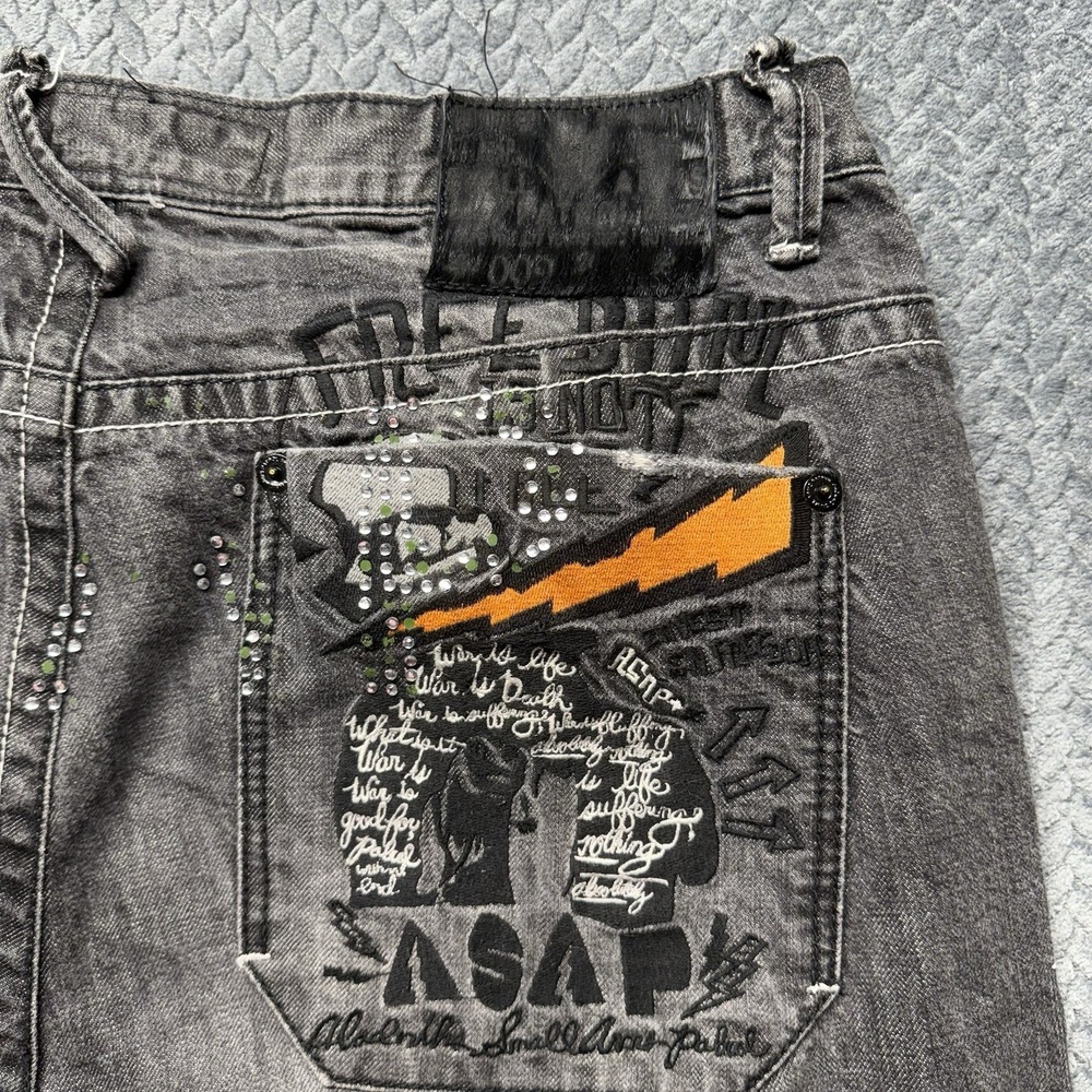 Akademiks ASAP Distressed Gray Denim Jeans 42 (40)โ Embellished Graphic Pockets